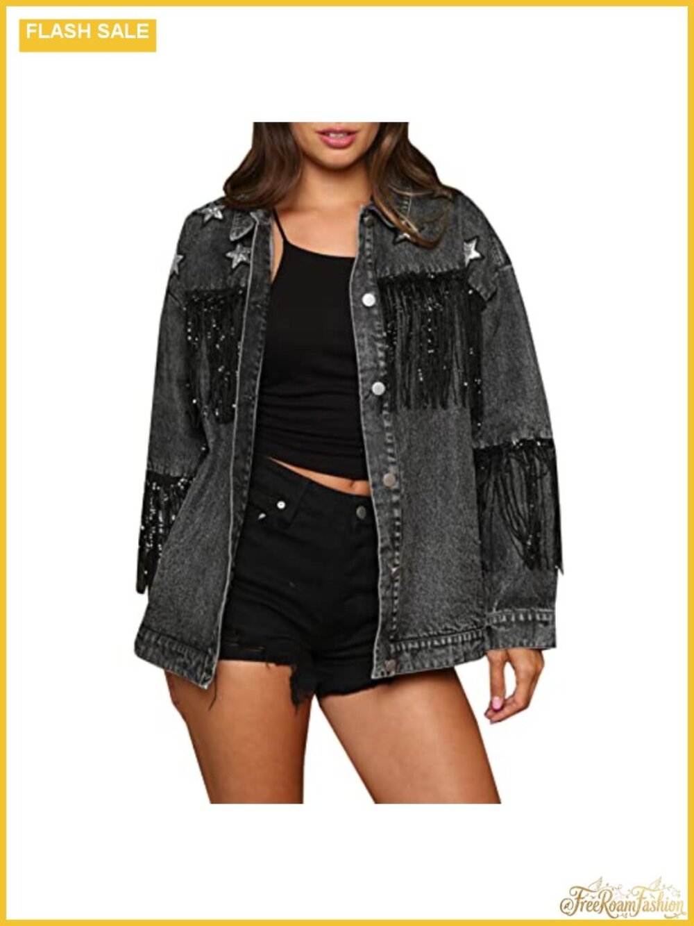 Women's Oversized Fringe Denim Jacket Long Sleeve Button Up Western Cowgirl